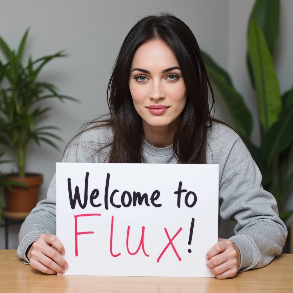 woman, light makeup, Instagram photo of a woman sitting at a table wearing a light grey sweats, hirt, holding a sign that has the handwriting "Welcome to FLUX!!" written on it. She is looking at the camera and in the background are some office plants on either side of her out of focus.m3g4n