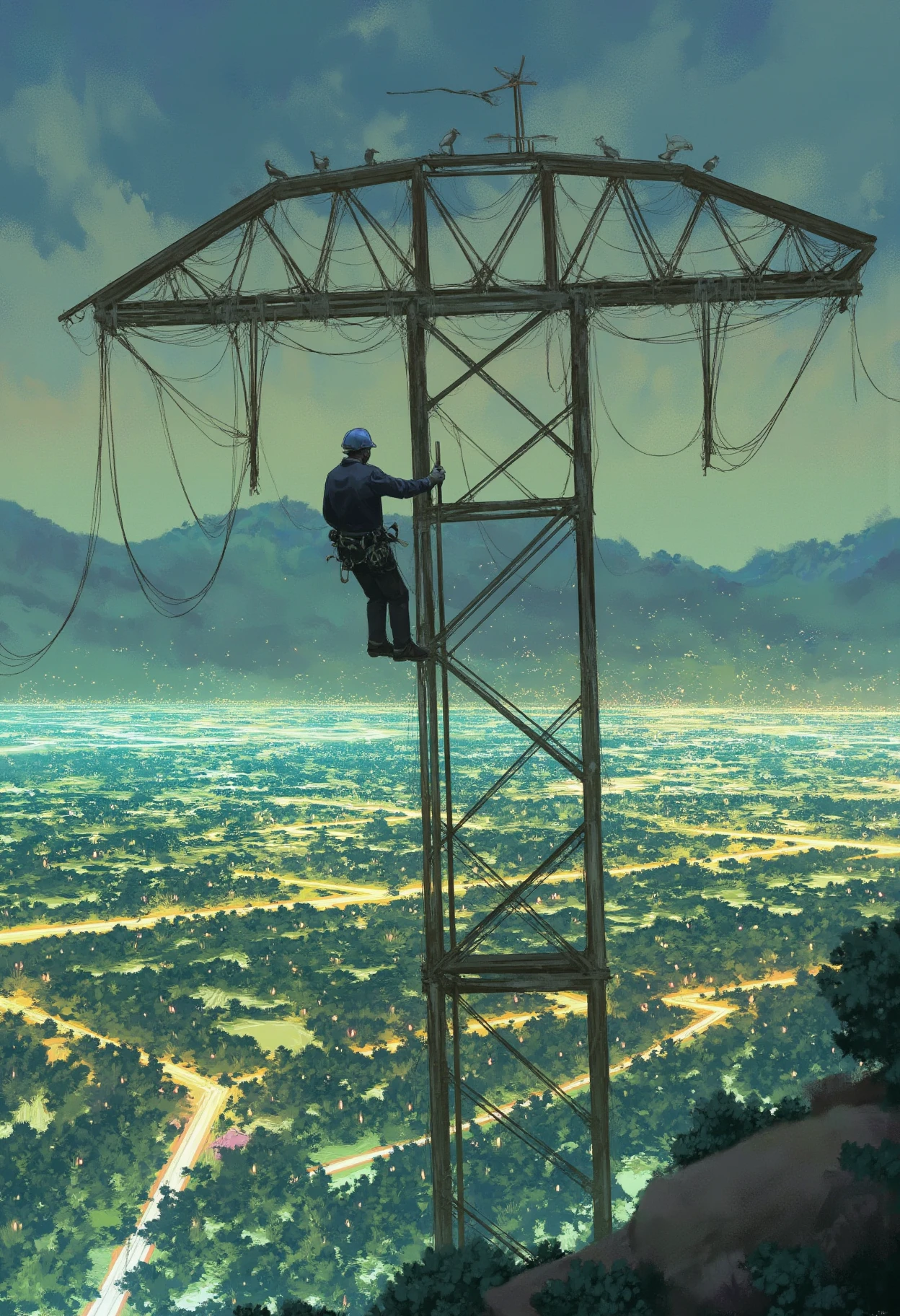 <lora:ScenicHorizonsFLUX:1> sc3n1ch0r1s0ns,
the image is a vibrant semi-realistic digital painting depicting a dramatic scene. in the foreground a lone figure is perched on a high-voltage transmission tower dressed in a dark outfit with a helmet and safety gear suggesting a utility worker or climber. the figure is positioned on the right side of the image near the top of the tower with one hand grasping the structure and the other holding a tool or equipment.