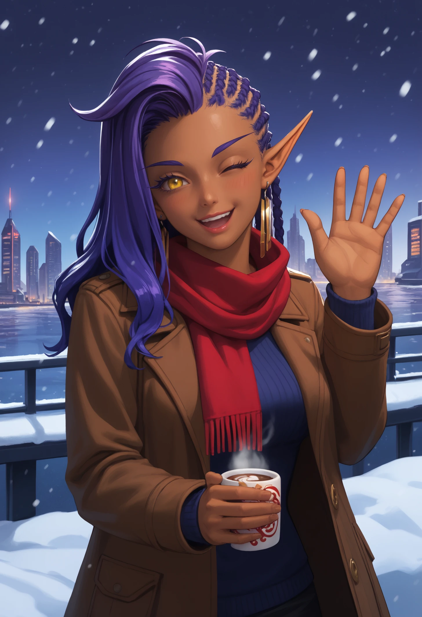 score_9, score_8_up, score_7_up, 1girl, elaishasub, pointy ears, dark-skinned female, yellow eyes, earrings, purple hair, long hair, sidecut, dreadlocks, large breasts,
red scarf, brown jacket,
smile, blush, open mouth, holding hot chocolate, waving, wave, hand up, wink, head tilt,
outdoors, winter, snowing, city, dark, night, upper body, side view,
science fiction, spacecraft, space, purple theme, dark,
<lora:Subverse-Elaisha-PDXL_V1-Manityro-CAME:1.0>,