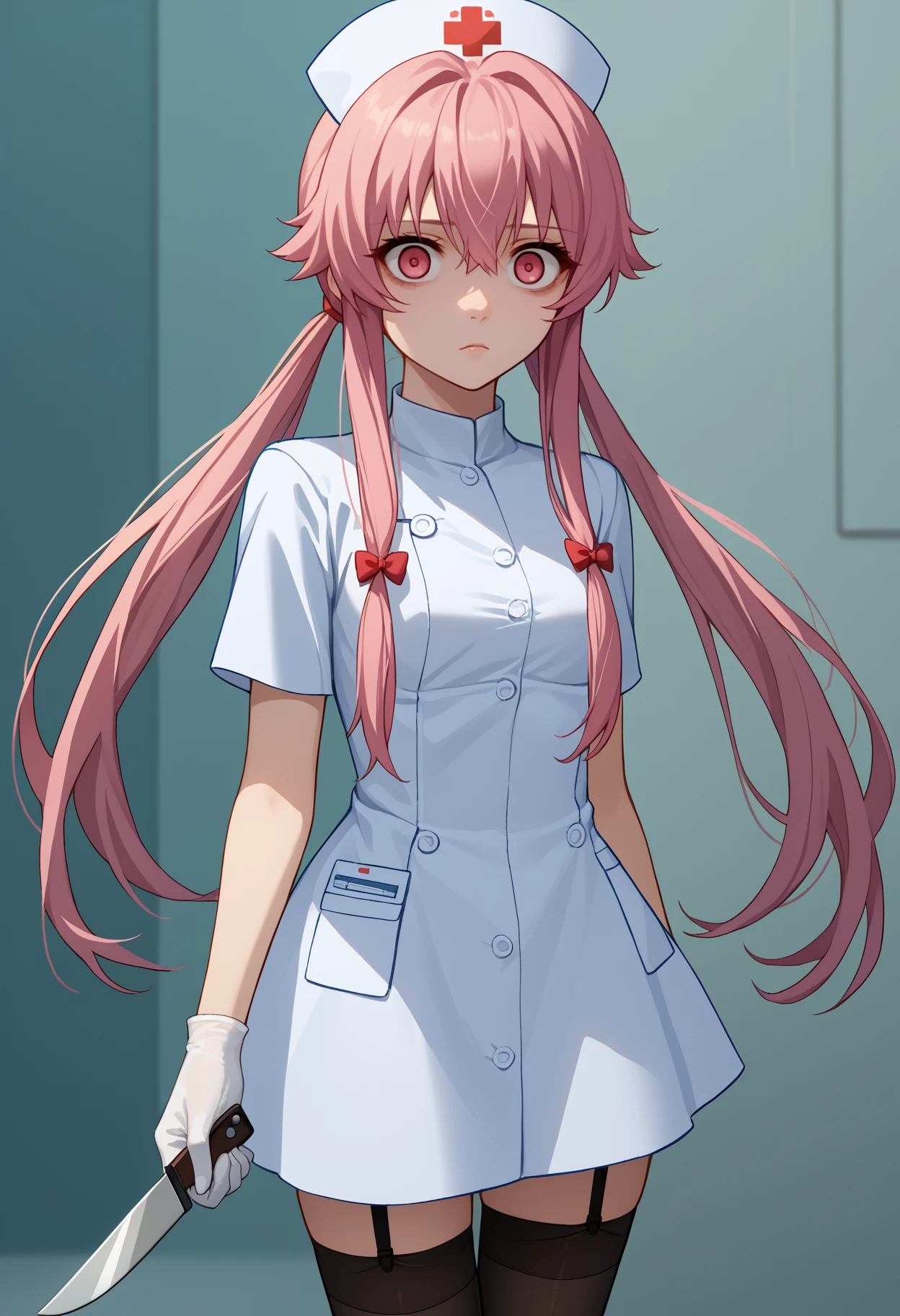 score_9, score_8_up, score_7_up, source_anime, <break> solo, 1girl, yun0gasai, expressionless, looking at you, standing, holding knife, twintails, hair bow, nurse cap, constricted pupils, white dress, short dress, short sleeves, white gloves, black thighhighs, garter straps
<segment:yolo-face_yolov8m.pt,0.4,0.5//cid=1>