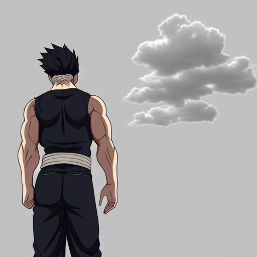 muscular, sash, clenched teeth, muscular male, pants, clenched hand, standing, closed mouth, facial mark, cloud, from behind, sky, solo, simple background, looking at viewer, sleeveless, grey background