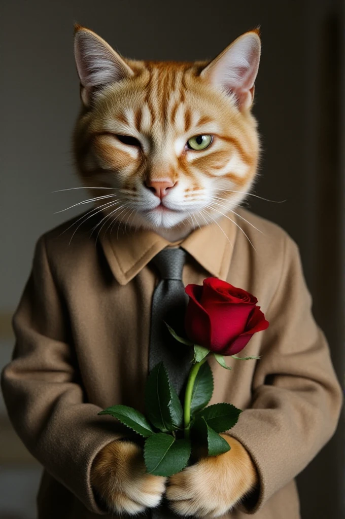 upper body photo of a cat wearing a shirt,holding a rose ,(winks with one eye at viewer) <lora:FLUX_winks_and_biting_v2:1.2>