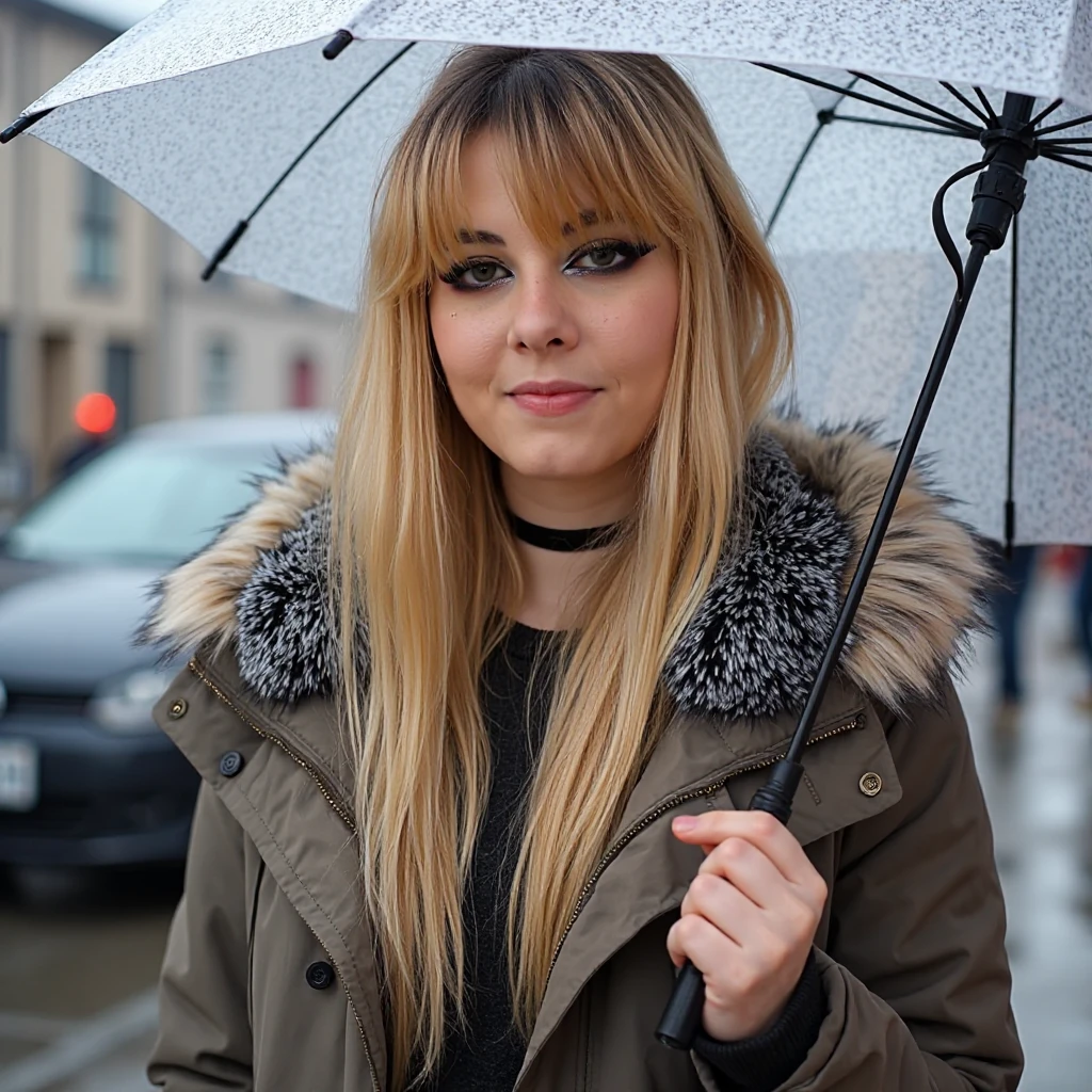 A photo of a woman. She is blonde. The photo includes her entire body. She has bold black eyeliner. She has eyeshadow. She has a slight grin. She is looking directly into the camera. She has a natural skin texture. The skin is very detailed including skin pores.  
She is wearing a winter coat. She is standing outside in the rain. She is hold an umbrella.