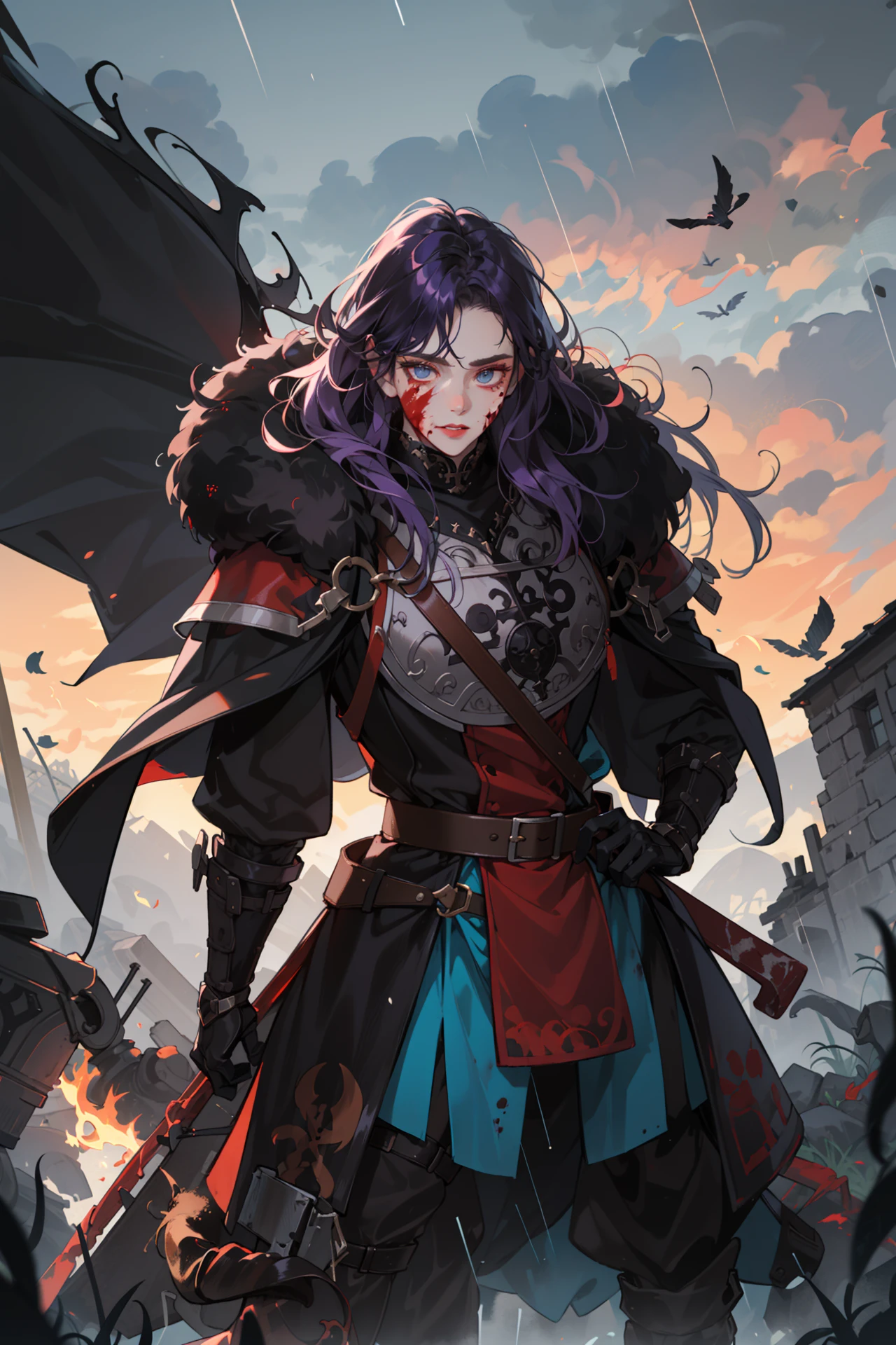 (absurdres, highres, ultra detailed, masterpiece, best quality), full body, dutch angle, finely detailed eyes and detailed face, intricate details, complex background, cinematic lighting, 1girl, solo, shaggy hair, purple hair, turquoise eyes
swedish battlescars upper body, detailed background, (grinning:0.8) fighting stance dynamic pose dark ages, dark fantasy atmosphere norse theme, norse mythology, viking age, pagan nordic medieval norse fighter, red war paint on face simple muted dark blue fur lined leather battle-tunic, autumn, fallen leaves, dusk dust cloud berserker bloodthirsty blood soaked blood spatters dark storm clouds soaked in the rain cinematic scene composition fury of the old gods
