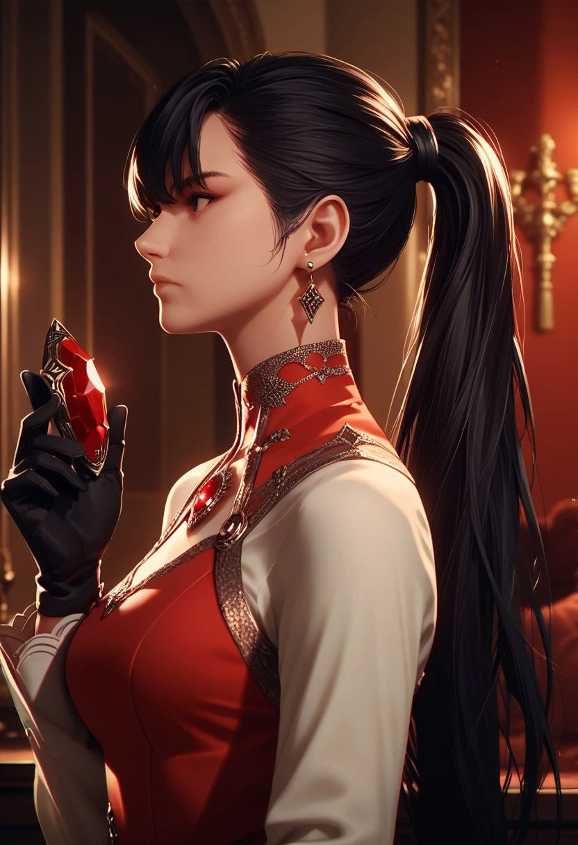 score_9,score_8_up,score_7_up,source_anime, EVE07,1girl,solo,long hair,bangs,black hair,gloves,long sleeves,dress,holding,jewelry,closed mouth,upper body,ponytail,earrings,black gloves,indoors,from side,profile,red dress,gem,