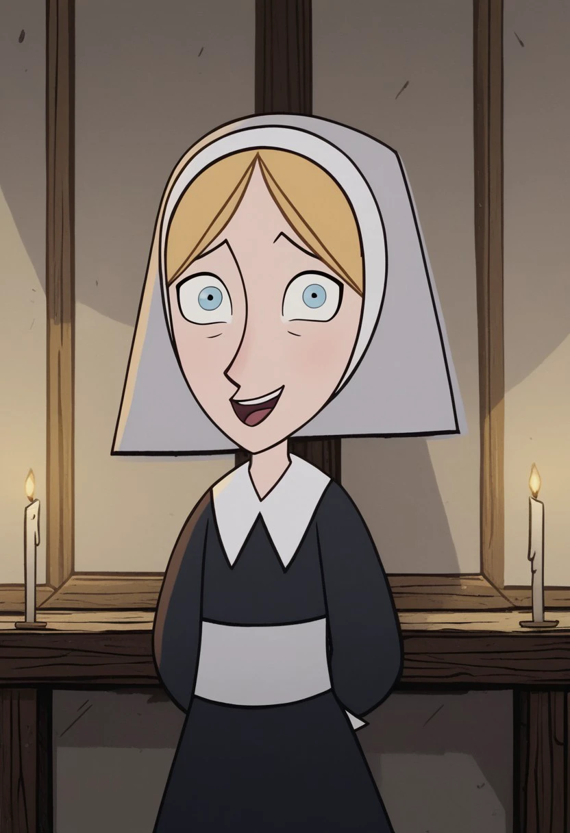 (zPDXL3) source_cartoon, robyn_goodfellow_v2, blonde hair, solo, nun, blue eyes, habit, smile, open mouth, crazy eyes, parody, 1girl, looking at the viewer, candle light,