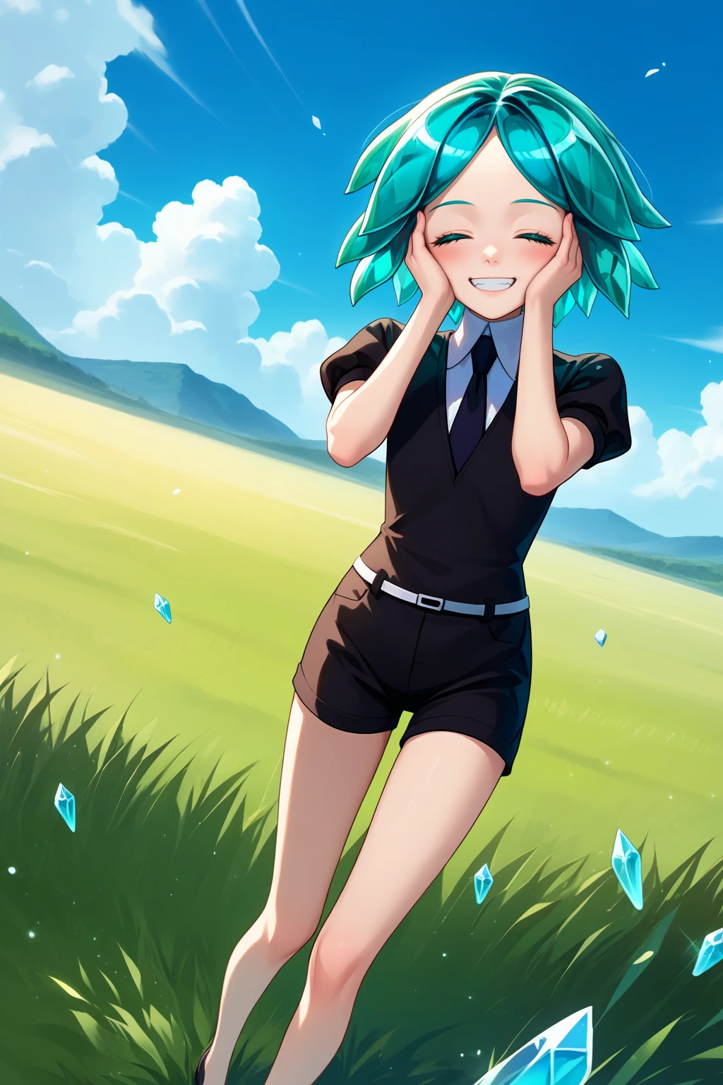 score_9, score_7_up, source_anime, cowboy shot, dutch angle, teeth, smile, blush, closed eyes, phos, white skin, aqua eyes, aqua hair, short hair, crystal hair, black shirt, puffy short sleeves, collared shirt, black necktie, white belt, black shorts, black shoes, hands on own cheeks, standing, outdoors, wind, grass, blue sky, <lora:Hoseki_HousekiNoKuni_Phosphophyllite_PDXL_v1:1>