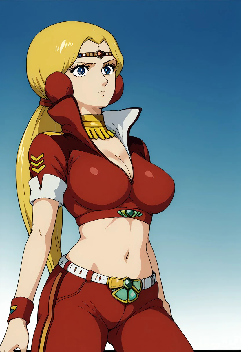 score_9, score_8_up, score_7_up, score_6_up, score_5_up, score_4_up, birdy shaw, ginga shippu sasuraiga, 1girl, solo, breasts, blonde hair, midriff, large breasts, jewelry, navel, long hair, crop top, necklace, circlet, ponytail, cleavage, belt, blue eyes, pants, neck ring