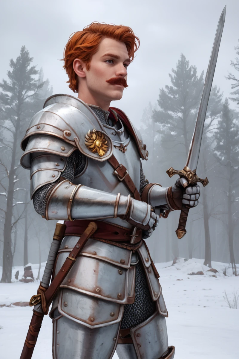 source_realistic, photorealistic sky, snow, withered trees, from below, 1boy, young man, posing, empg3n3r4l, full armor,  short red hair, mustache, holding sword, pointing up, looking to the side, purple sash, pauldrons, greaves  <lora:last-000050:0.8>, PonyXL_Scores, PonyXL_HQ, <lora:StS_detail_slider_v1:1>