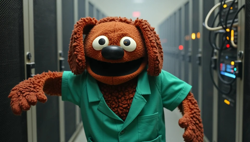 wide shot, "a frantic dog character resembling Rowlf, is dressed as a surgeon standing in a dimly lit 1970s server room. The room is filled with a maze of tangled cables, blinking lights, and towering computer racks, all contributing to a tense, high-stakes atmosphere. The dog’s eyes are wide, staring toward the viewer with an expression that combines urgency and disbelief, as if time is running out. The camera captures this scene like a dramatic, cinematic movie still, blending elements of both comedy and tension, with the room humming with an intense, palpable energy. style of muppet movie, bokeh effect