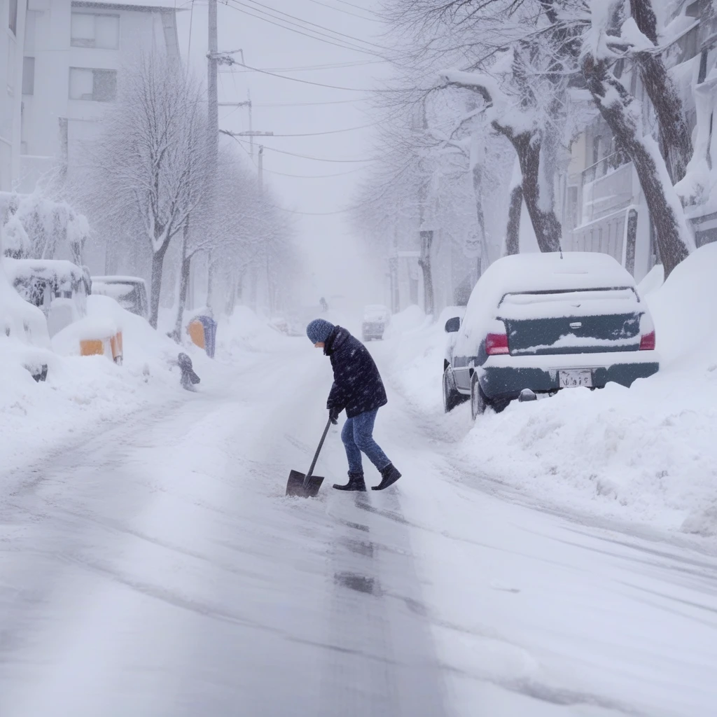Small man with big shovel shovels snow from the street, other people look at him while drinking tea, cars barely move.