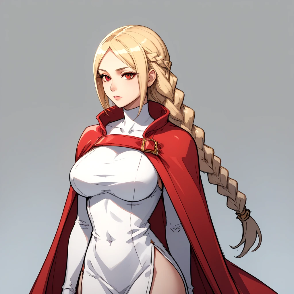 <lora:Princess_Ovelia_Final_Fantasy_Tactics:.5> fftovelia, 1girl, braid, long hair, solo, red eyes, breasts, cape, red cape, blonde hair, dress, white dress, large breasts,, sketch, sketch manga style traditional media croquis colored (medium),, score_9, score_8_up, score_7_up, BREAK,, sexy pose, sexy, slutty, seductive, flirty, flirt, posing seductively,, thin waist, tight body, athletic body,, skimpy,, strong legs, strong thighs, barefoot,