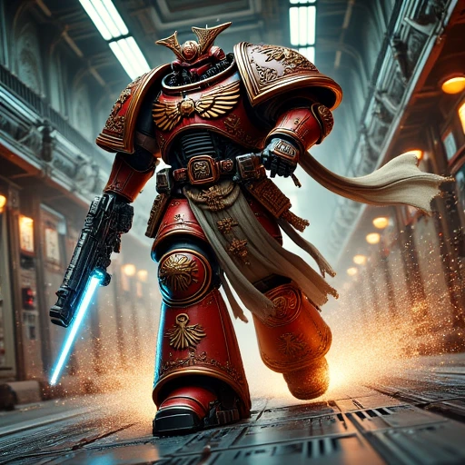 Imagine an Edo Space Marine in a high-speed chase through a space station's narrow corridors, their ornate armor reflecting the flashing lights of pursuit drones. The scene is intense with sparks and motion, as the marine expertly navigates the chaos.