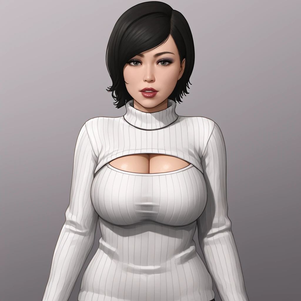 <lora:yuriwatanabespidermanps4_pony_v1:.8> YuriWatanabePS4, 1girl, solo, large breasts, , black hair, short hair, lips, cowboy shot,, lipstick,eyeshadow, cowboy shot <lora:open-chest-sweater-ponyxl-lora-nochekaiser:1> open-chest sweater, ribbed sweater, cleavage cutout, meme attire, clothing cutout, turtleneck, sweater dress, cleavage, clothes tug, sweater pull, cleavage reach,