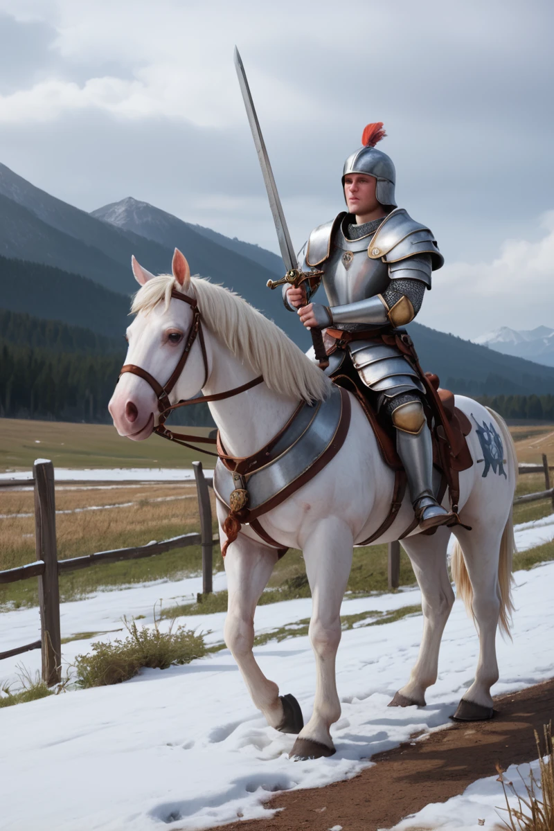 source_realistic, photorealistic snow, snow field,  <lora:Empire_Captain_Warhammer_Fantasy_Mark_of_Chaos_PonyXL:0.8> empg3n3r4l, full armor, no helmet, short hair, young, pauldrons, greaves, horseback riding, (horse armor:1.2), holding sword in both hands, PonyXL_Scores, PonyXL_HQ, <lora:StS_detail_slider_v1:1>