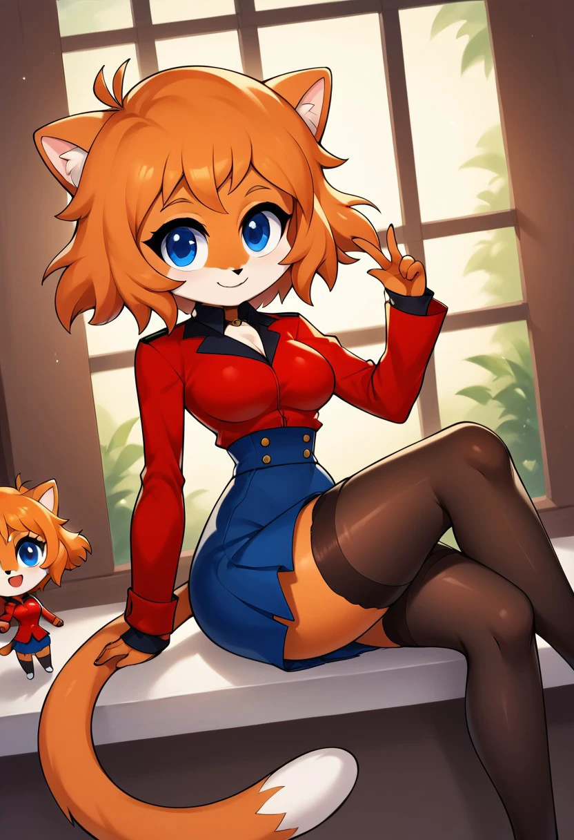 score_9, score_8_up, score_7_up, masterpiece, best quality, room, hotel, (very beautiful eyes, big thighs, thin waist, medium breasts), 1girl, EsheniaS, Orange hair, short hair, blue eyes, Furry, cat ears, tail, orange fur, Cha Red jacket, skirt, long stockings, sleeves,, sexy pose, Smile, chibi,