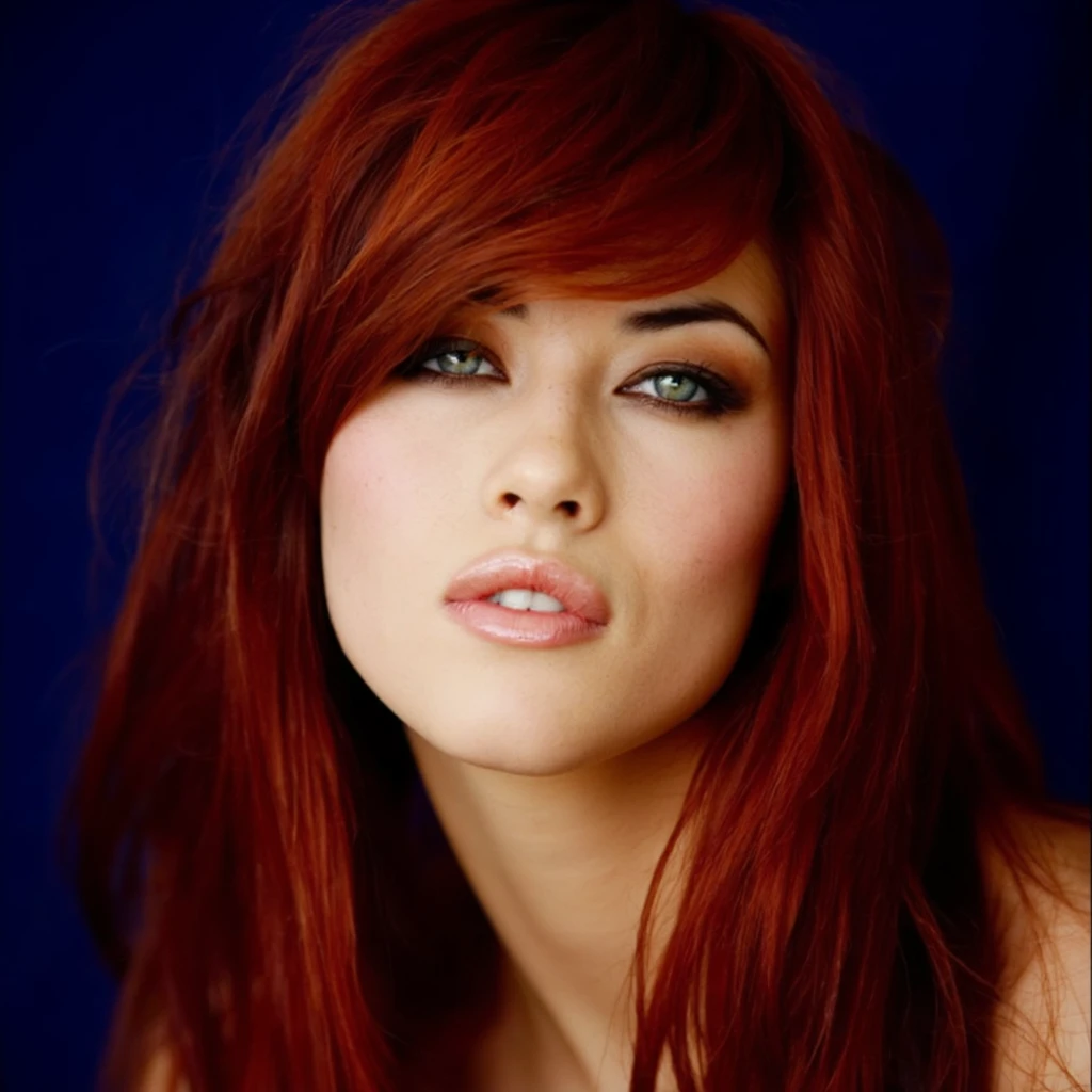 A portrait of mylene_jampanoi with long, straight, vibrant redish hair. She has striking eyes and a neutral expression. The background is a deep blue, contrasting with the warm tones of her hair and skin. The image is a close-up, focusing on the woman's face and upper body. The style is contemporary, emphasizing the subject's natural beauty and emotion.<lora:MyleneJ_F1D:1>