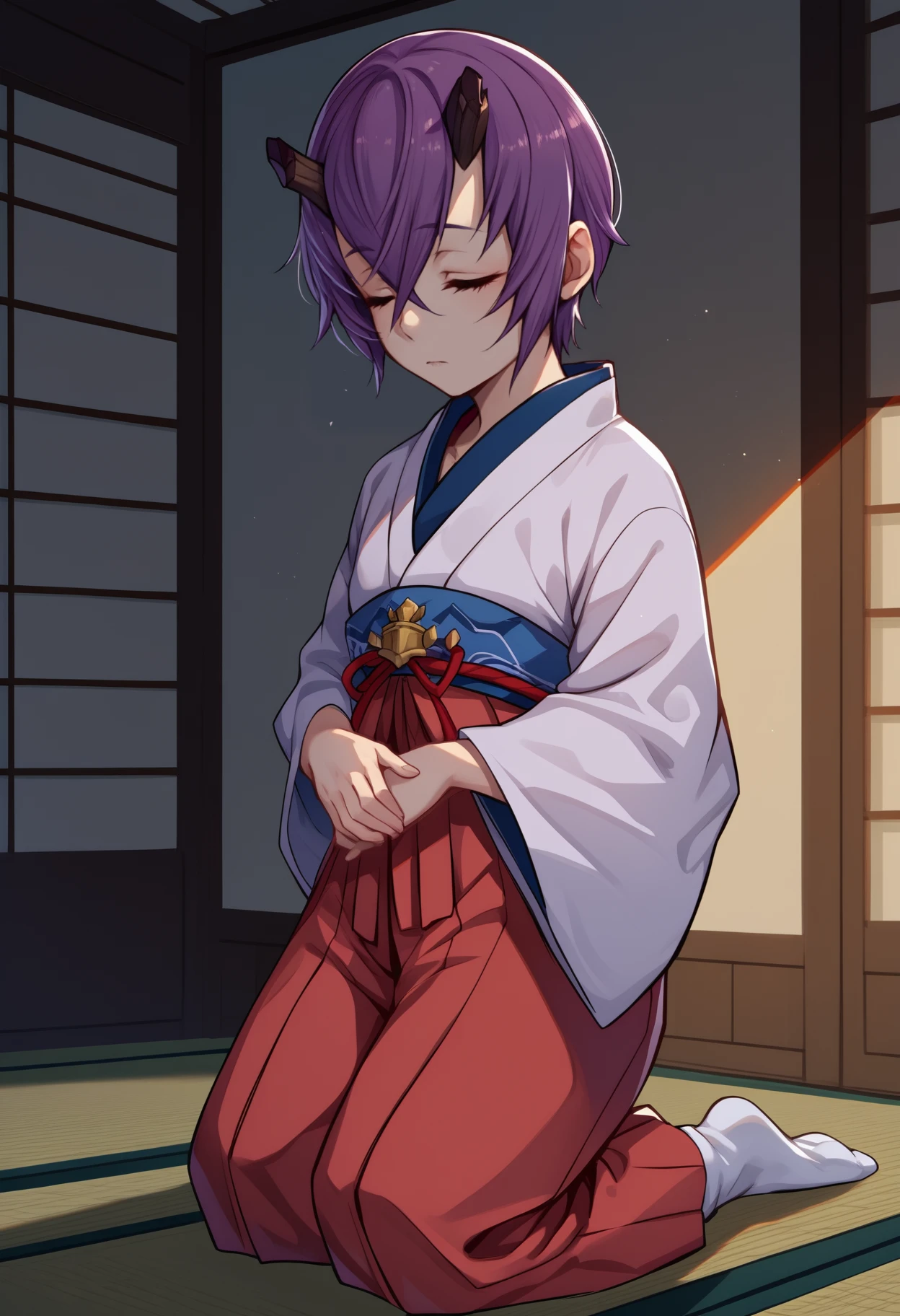 score_9, score_8_up, score_7_up, source_anime, <break> solo, 1girl, pcshinobu, expressionless, looking down, kneeling, short hair, purple hair, black horns, broken horn, closed eyes, japanese clothes, white kimono, red hakama, hakama skirt, white socks, indoors, east asian architecture
<segment:yolo-face_yolov8m.pt,0.4,0.5//cid=1>