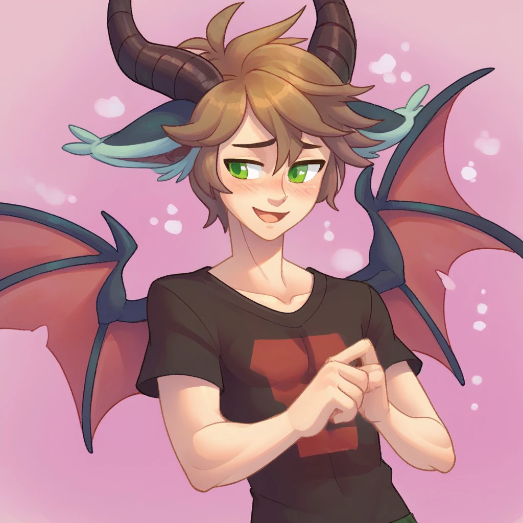 (masterpiece), best quality, expressive eyes, perfect face, black t-shirt, smile, blush, upper body, from above, score_9, score_8_up, score_7_up, score_6_up, short hair, brown hair, 1boy, sc4le, dragon horns, dragon tail, dragon wings, dragon ears, hybrid_scale, green eyes, blush, looking away, shy, open mouth, smile, nervous, index fingers together, , <lora:42f8fcc2-f373-4b71-9e9a-956fb5b05a1a:1.0>, <lora:5d06dae0-7064-47f7-b1e1-761dd9ad3272:0.9>