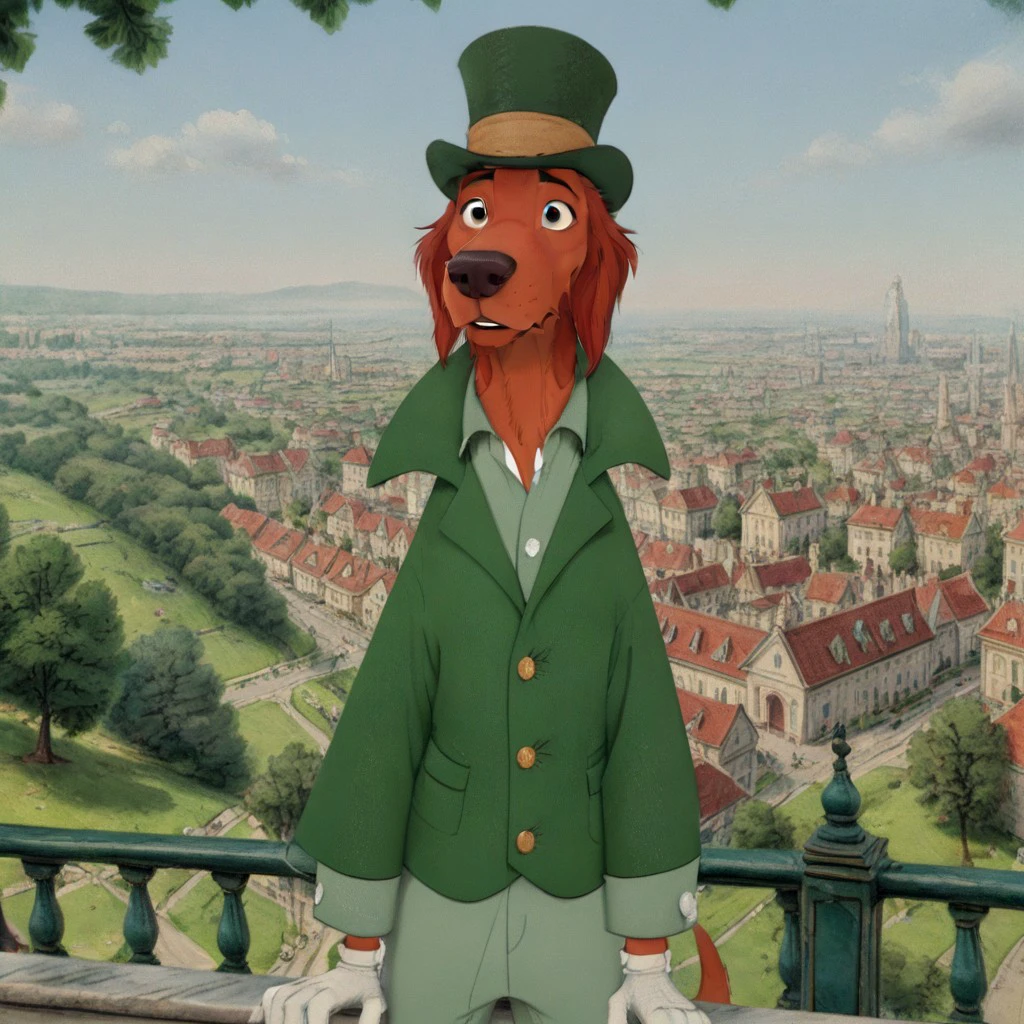 score_9, score_8_up, score_7_up, score_6_up, score_5_up, score_4_up, detailed fur, detailed face, city park background, masterpiece, furry male, front facing
BREAK
Shamus, dog, Irish Setter, anthropomorphic dog, cartoon dog, animal ears, long ears, floppy ears, red ears, orange fur, black eyes, brown nose, long snout, green suit, white gloves, dark green top hat, Disney,