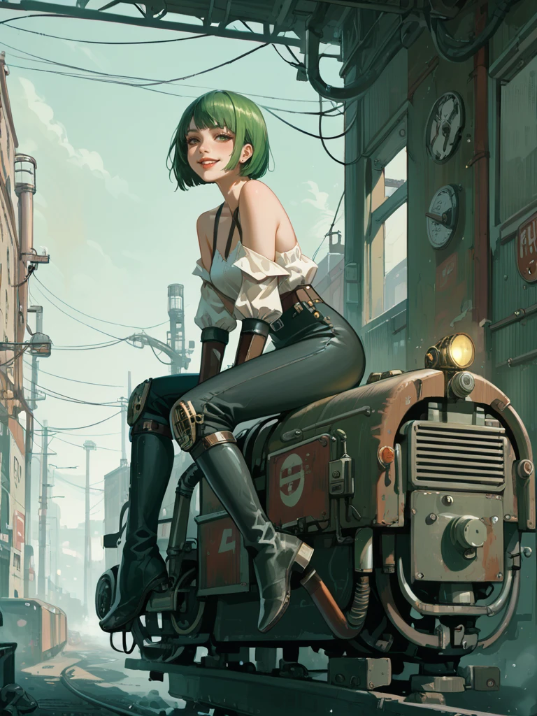 score_9,score_8_up,score_7_up,source_anime,<lora:dieselpony:1>,higres illustration,dieselpunk,1girl,industrial pipe,green hair,bob cut,riding on robot,naughty face,