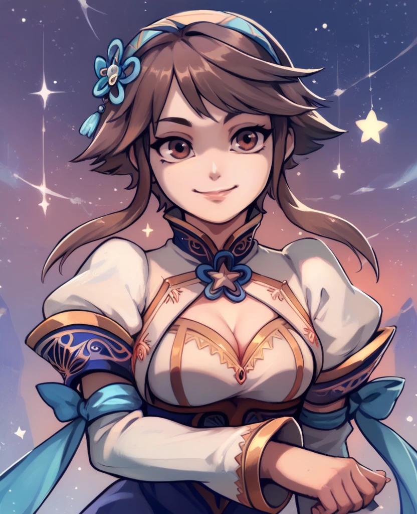 score_9,score_8_up,score_7_up,score_6_up,xianghuaxl,brown eyes,short hair with long locks,
smiling,
short blue dress,cleavage cutout,hairband,detached sleeves,jewelry,puffy sleeves,
stars,labyrinth,<lora:xianghuaXL:0.9>,