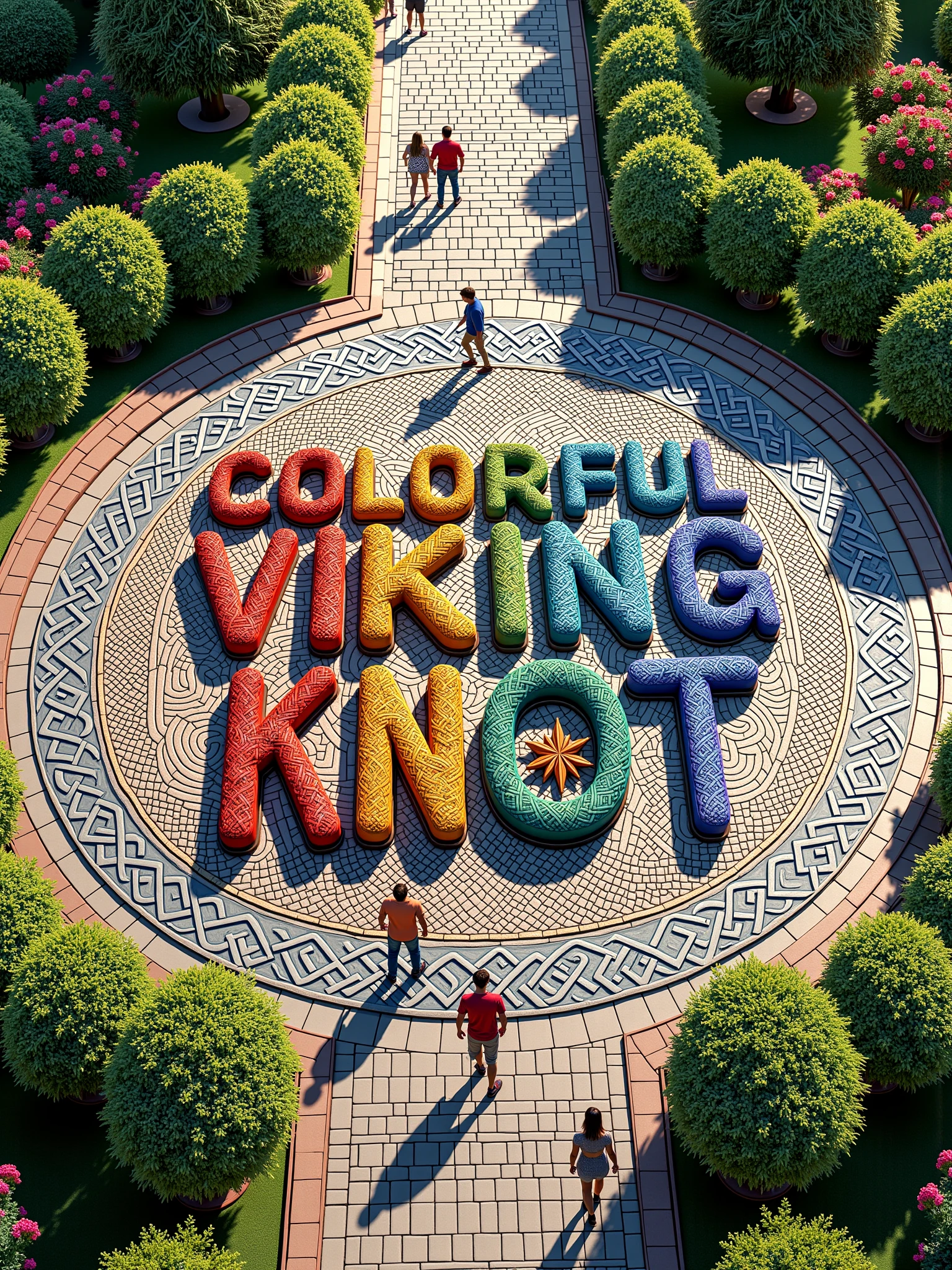 cobblestone plaza (birds eye-view:1.4), mad-clrflvkngknt stones forming the text "COLORFUL VIKING KNOT", trees, bushs, flower, people walking around <lora:colorful-viking-knot-flux:0.8>"