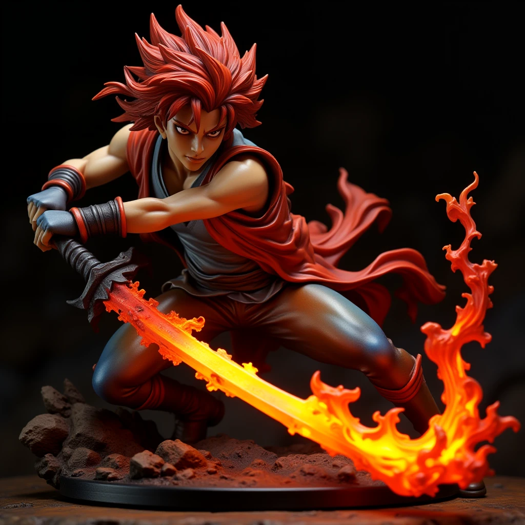 3Dfigure,A fiery anime swordsman mid-slash, his flaming blade illuminating his fierce expression in a dimly lit arena.