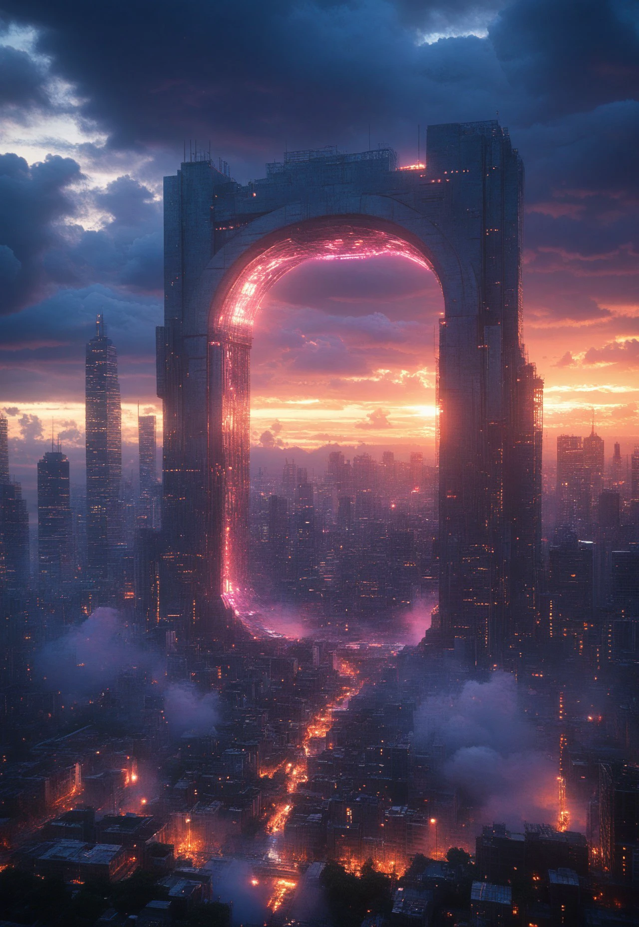 sdfxlz, cloud, scenery, no humans, sky, cityscape, skyscraper, city, building, cloudy sky, sunset, city lights, outdoors, portal, portals, doorway, futurism, fantasy, background, ultra hd, 32k,  BREAK PonyXLV6_Scores