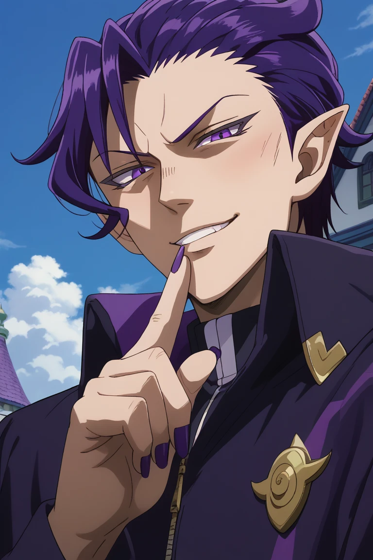 score_9, score_8_up, score_7_up, source_anime, rating_safe, shushing, KalegoWDI, (purple_Kalego_hair), purple_Kalego_eyes, 1boy, male focus, anime screencap, giant, finger on lip, smirk, hands with five fingers, looking down at viewer, from below