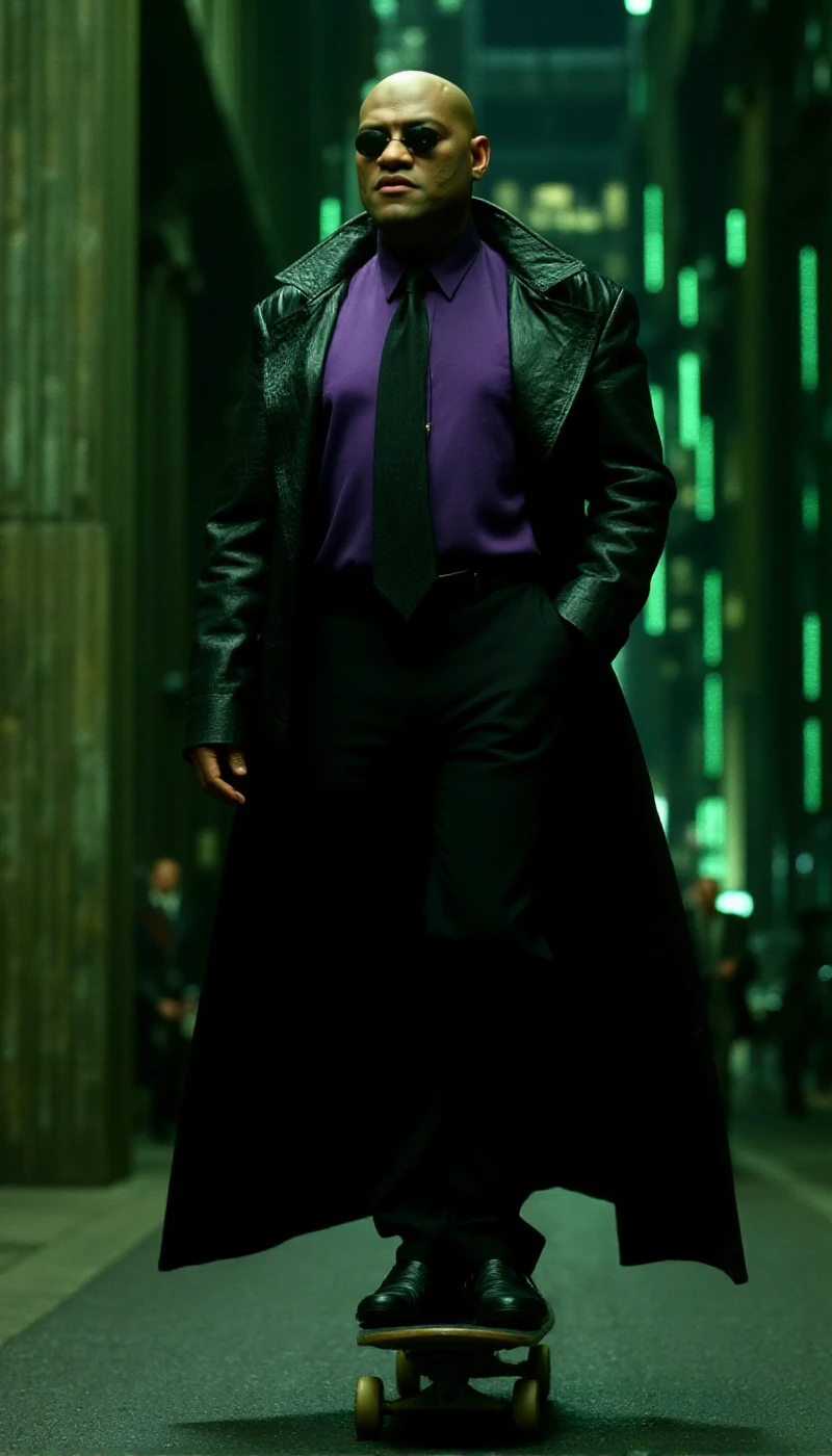 Morpheus is a bald man. He is wears sunglasses, a purple buttondown shirt, a black tie, black pant and a long black jacket. He is skateboarding in the matrix  <lora:Morpheus:0.9>