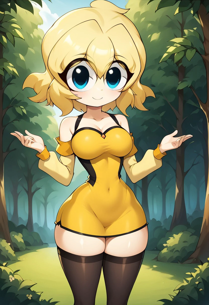 score_9, score_8_up, score_7_up, masterpiece, best quality, forest, room, (very beautiful eyes, big thighs, thin waist, medium breasts), 1girl,  JillOC,, Blonde hair, blue eyes, short hair, Chibi, Short yellow dress, sleeves, long stockings,  smile,