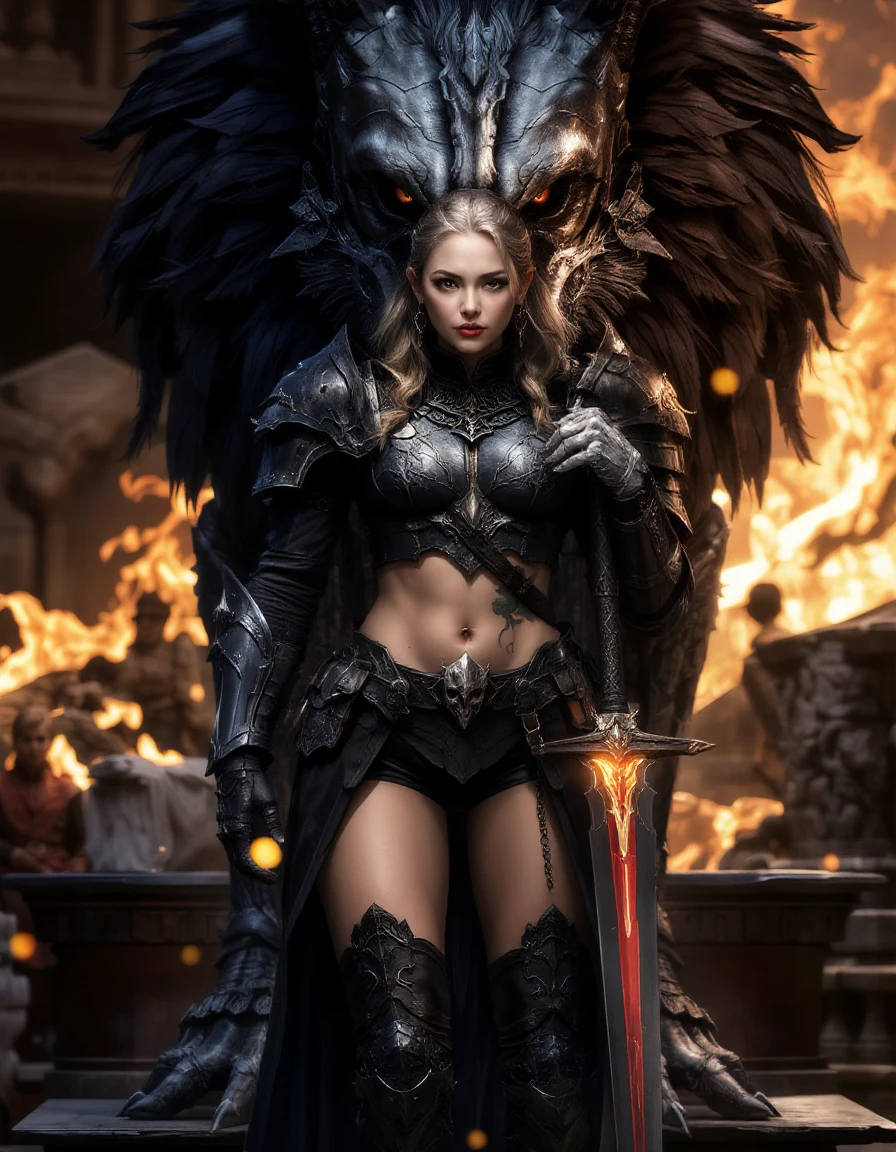 a girl standing in front of huge werewolf, full body armor, holding a glowing sword,
a werewolf seems to be a representation of a knight,
which is positioned vertically, wearing a costume,
posing to viewer, catwalk in front of hot sprint,
hot spring background, tattoo on the breasts, tattoo cleavage, (Lower abdomen tattoo),
wearing a costume,
spot light, dark theme, high key light, rim light, spark holy light reflection,
devil armor
<lora:hinaFluxFantasyArmorMix-schnell_v1-rev1:0.9>
<lora:hinaFluxAsianMixLora-schnell_v1:0.6>
