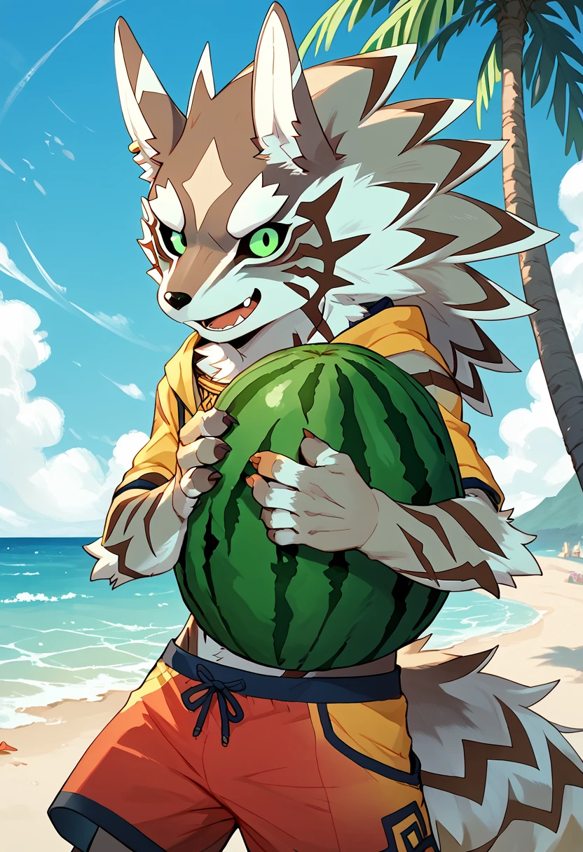 score_9, score_8_up, score_7_up, high quality, hires, solo, seth, housamo, tokyo afterschool summoners, furry, green eyes, boxers, happy, looking at viewer, beach, watermelon, <lora:Seth_TAS_Housamo:1>