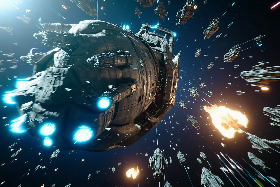 space-battle hyperrealistic cinematic side view, spacebattle, swarms of enemy fighters attacking a massive capital ship  . cinematic color photograph.