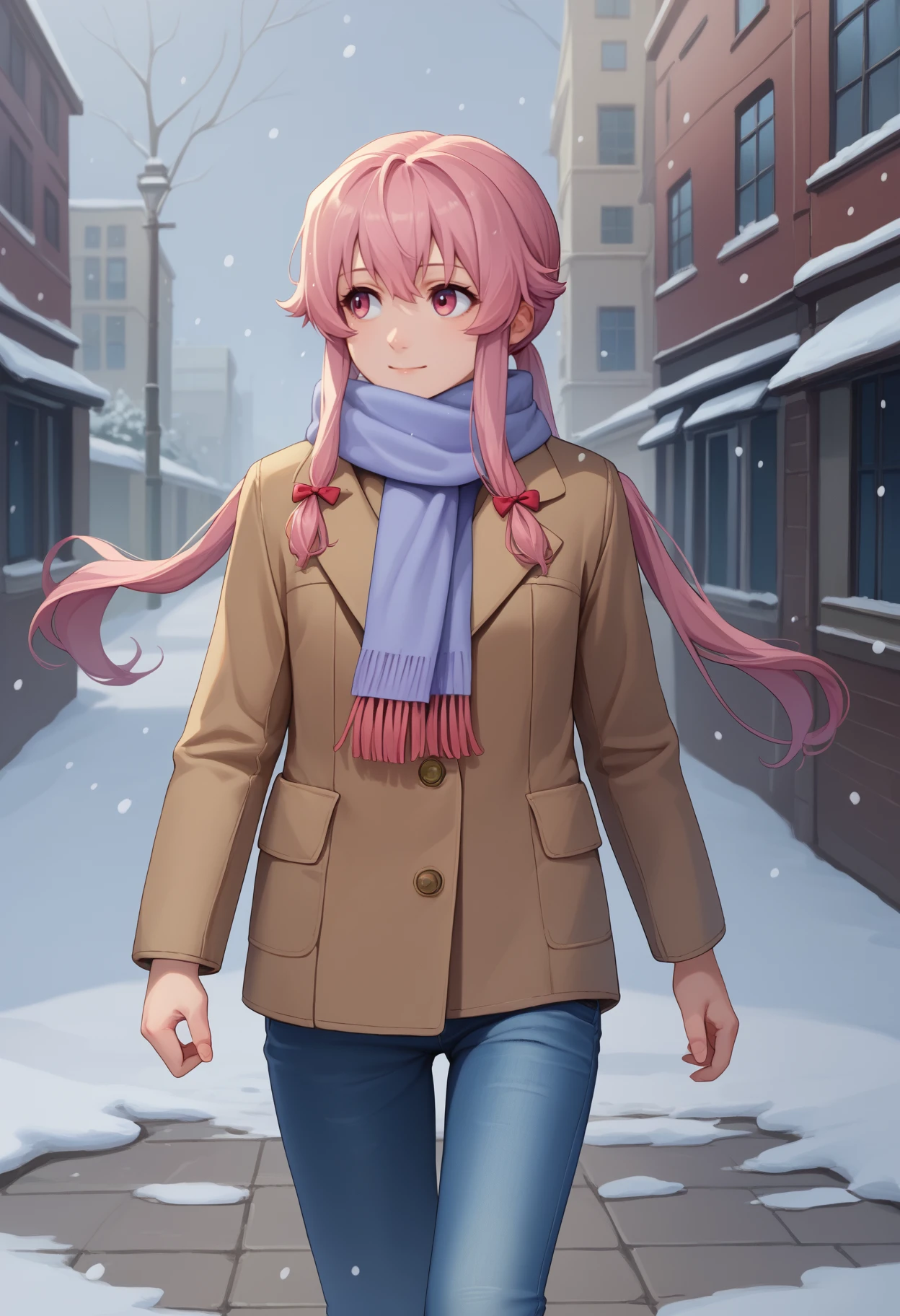 score_9, score_8_up, score_7_up, <break> solo, 1girl, yun0gasai, light smile, looking away, walking, twintails, hair bow, winter clothes, brown coat, jeans, scarf, snowing, outdoors, city
<segment:yolo-face_yolov8m.pt,0.4,0.5//cid=1>