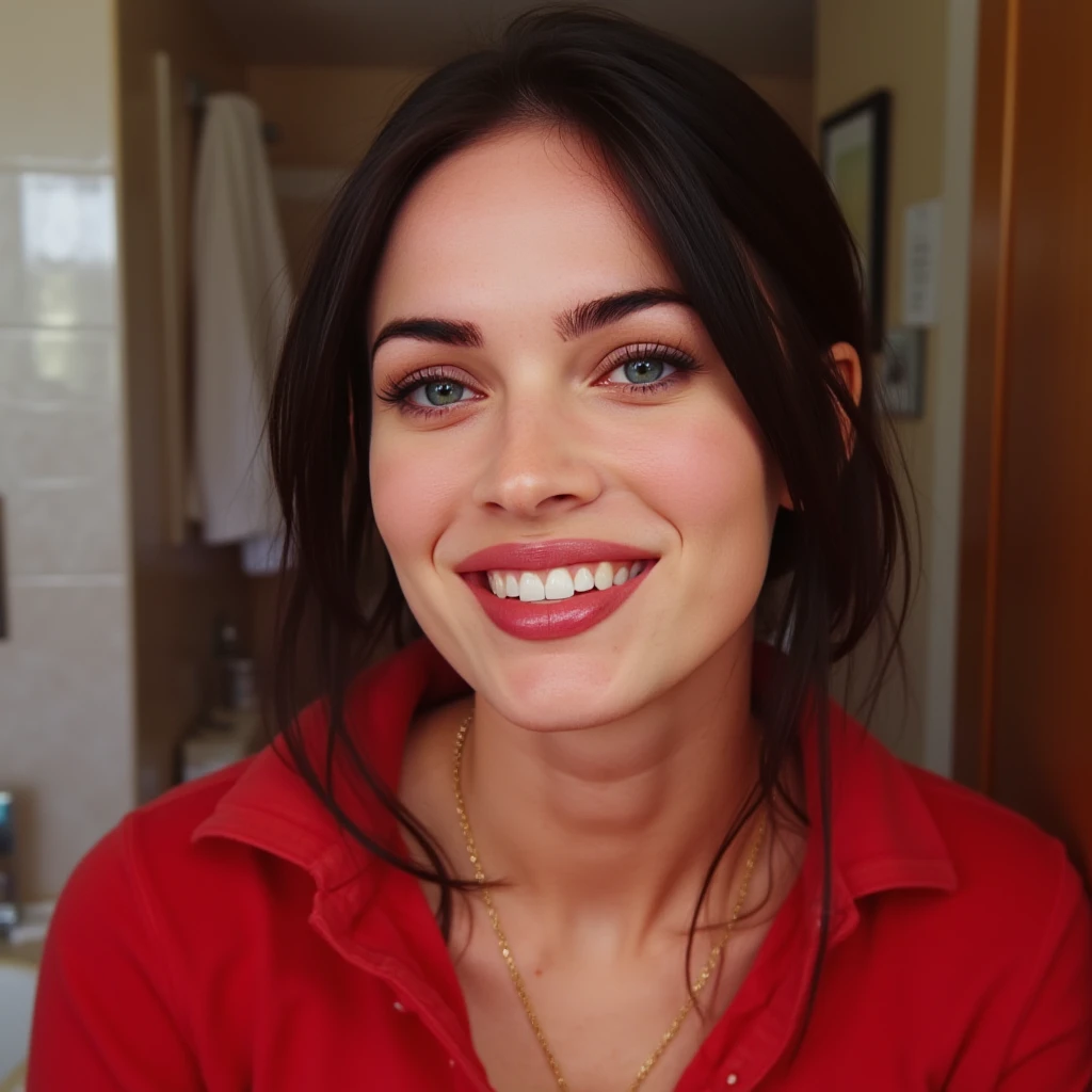 woman, a joyful smile, intricate details, vivid and vibrant colors, highly detailed skin, captivating eyes, well-applied makeup (blush, mascara, eye shadow, lipstick). red shirt, bathroom