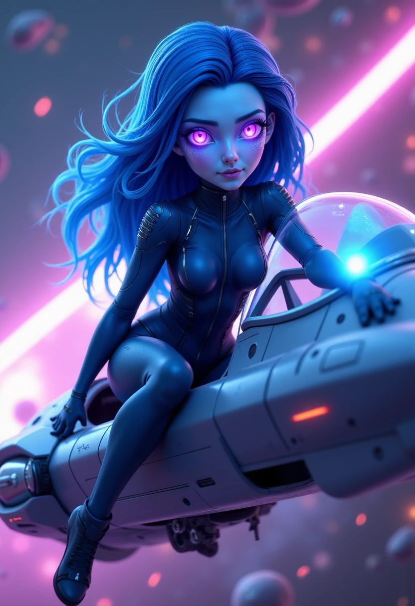 imagine full body shot of astra with blue skin, blue hair and purple eyes. In a vibrant cartoon style, piloting a sleek, futuristic spaceship through a field of glowing asteroids. Her light-blue skin and dark blue hair contrast against the colorful cosmic backdrop. She wears a high-tech bodysuit, and her purple eyes glow with excitement as she maneuvers through danger. 