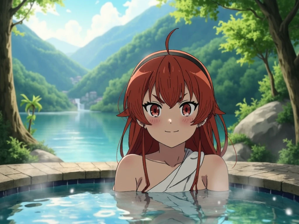 erisgreyrat in a serene outdoor onsen nestled among lush green mountains, the soft steam rises gently from the tranquil water, creating a mystical atmosphere. A figure partially submerged in the steaming bath, wearing a wet towel draped artfully, exudes a sense of relaxation and peace. The scene is framed from a dynamic Dutch angle, capturing the playful steam and the enchanting surroundings. The character gazes directly at the viewer with a serene smile, their expressive eyes reflecting the warmth of the sun filtering through the trees. Captured in vibrant anime style, the colors are rich and vivid, enhancing the overall enchanting ambiance.