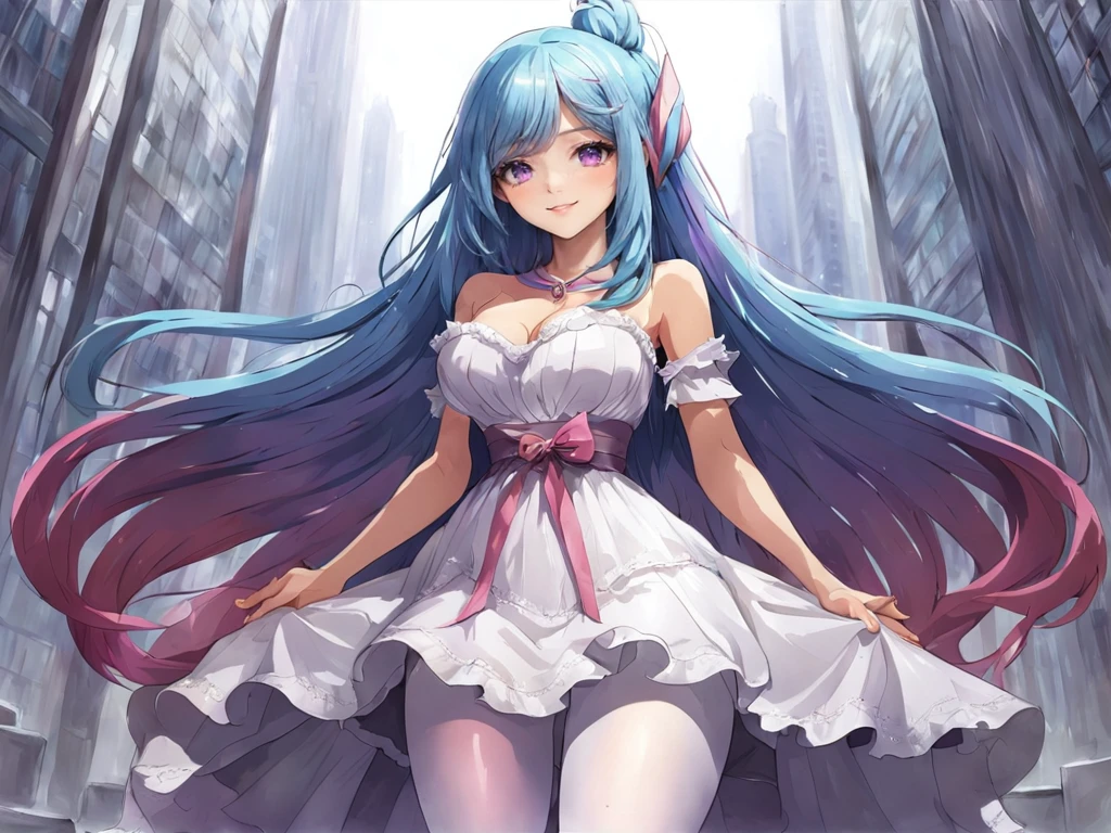 di yak,1girl,solo,white dress,thighhighs,boots,smile,looking at viewer,cleavage cutout,<lora:di ya_ç¬äº:0.8>,cityscape,sitting on a house looking down at the city below,, (masterpiece), (best quality), HDR, intricate detail,