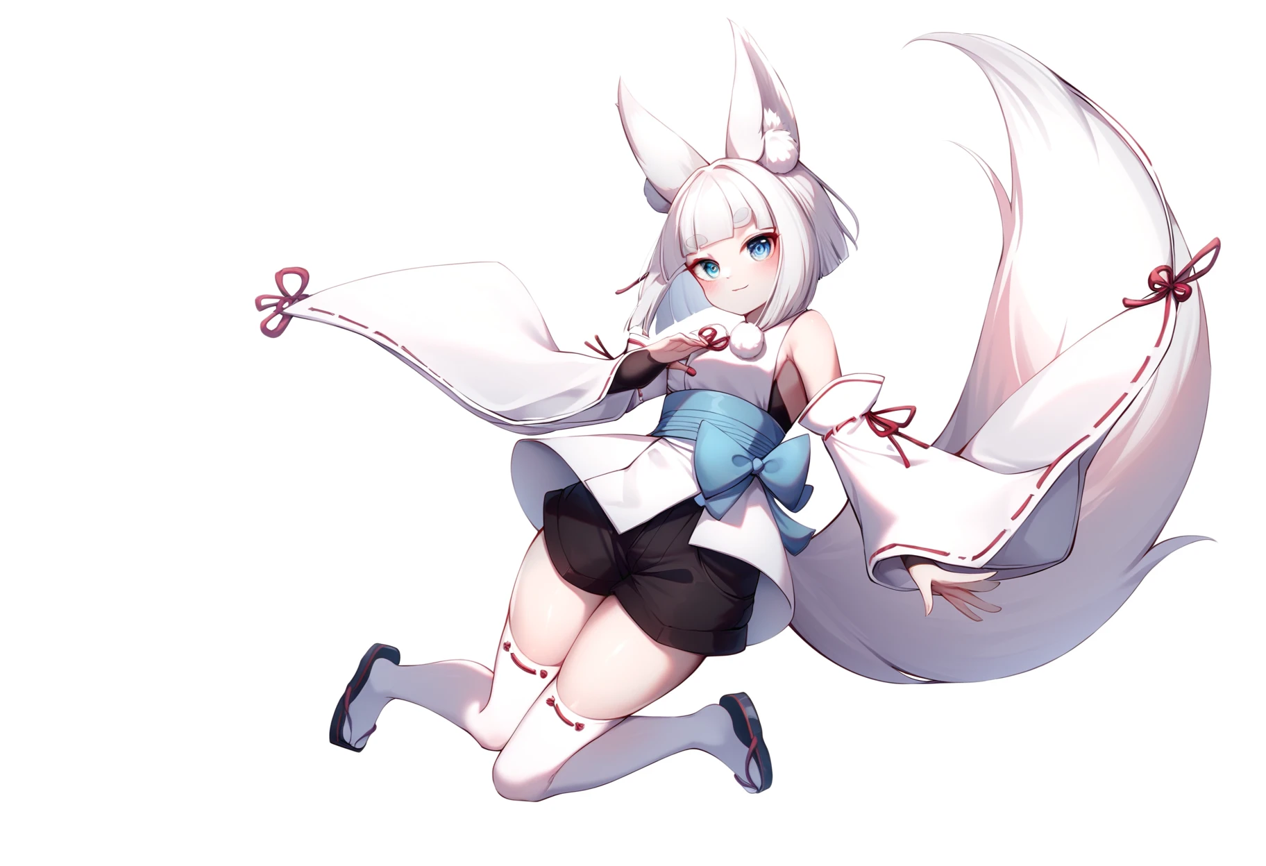 (by mazume, by yukineko1018:0.7), masterpiece, best quality,
1girl, kon \(tokyo ravens\), tokyo ravens, fox girl, fox ears, fox tail, white hair, hime cut, short hair, thick eyebrows, pale skin, blue eyes white aqua japanese clothes, detached sleeves, long sleeves, ribbon trim, pom pom \(clothes\), black shorts, white thighhighs, hips, happy, floating in air, posing, full body, wide shot,
cute fox girl in front of pure white background