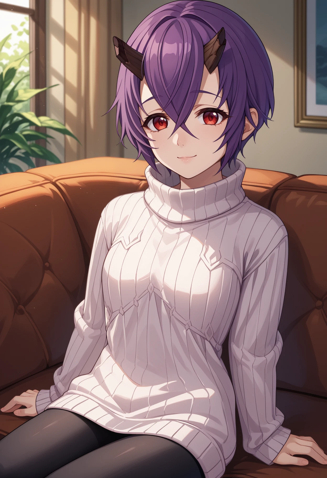 score_9, score_8_up, score_7_up, source_anime, <break> solo, 1girl, pcshinobu, light smile, looking at you, sitting, couch, short hair, purple hair, black horns, broken horn, red eyes, white sweater, sweater dress, ribbed sweater, turtleneck, long sleeves, black pantyhose, indoors, living room
<segment:yolo-face_yolov8m.pt,0.4,0.5//cid=1>