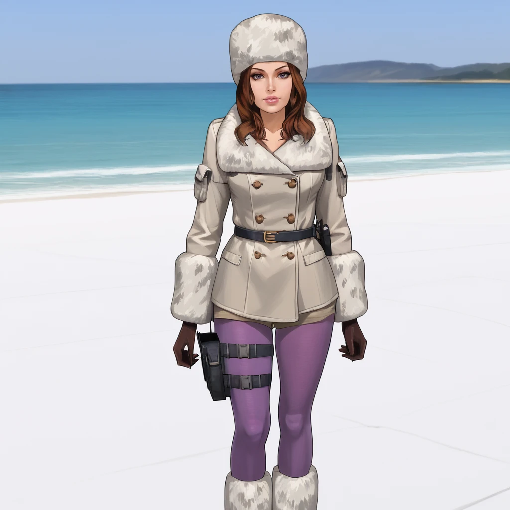 <lora:jessicaresidentevilrevelations_pony_v1:1> JessicaWinter, 1girl, thigh holster, pantyhose, fur hat, brown hair, thigh strap, coat, lips, gloves, belt, long hair