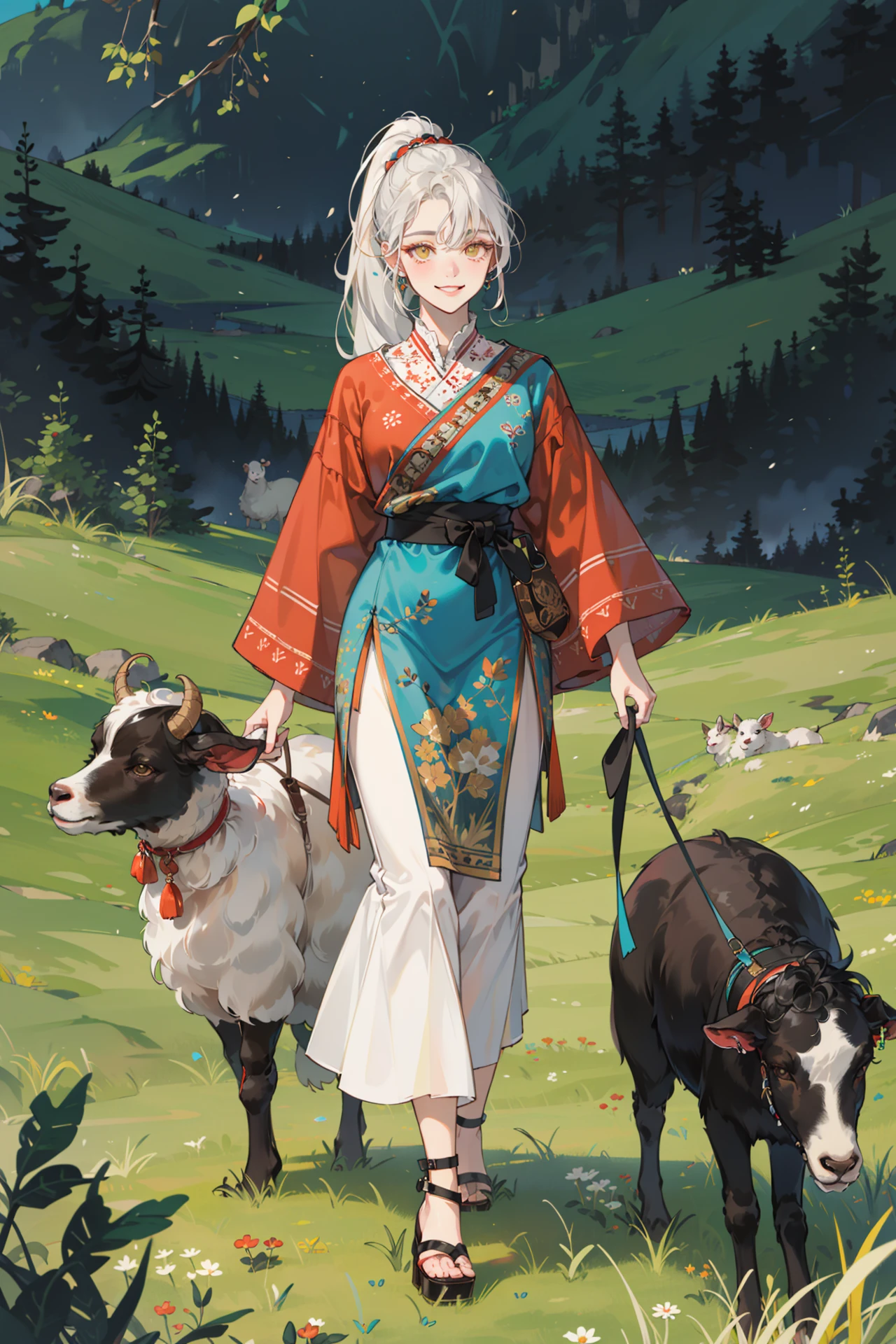 (absurdres, highres, ultra detailed, masterpiece, best quality), full body, dutch angle, finely detailed eyes and detailed face, intricate details, complex background, cinematic lighting, 1girl, solo, ponytail, white hair, amber eyes, depth of field, from directly below, smile, (album cover)
walking, loitering pose, farms, goats, sheep, shepherds, plains, mountains in the distance, pastures, grass, weeds, hedges, herders, piper, peaceful, tranquil, secluded, ethnic style, traditional clothing, vibrant patterns, handmade textiles, cultural motifs, beaded jewelry, artisanal accessories