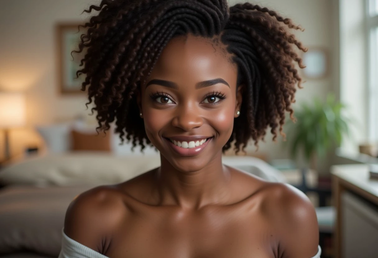 masterpiece, highest quality, (masterpiece), best quality, expressive very dark brown skin, 29-year-old Black American woman, brown eyes, mental health professional attire, yandere, big smile, energetic smile, perky disposition, naked, nipples visible, vagina visible,