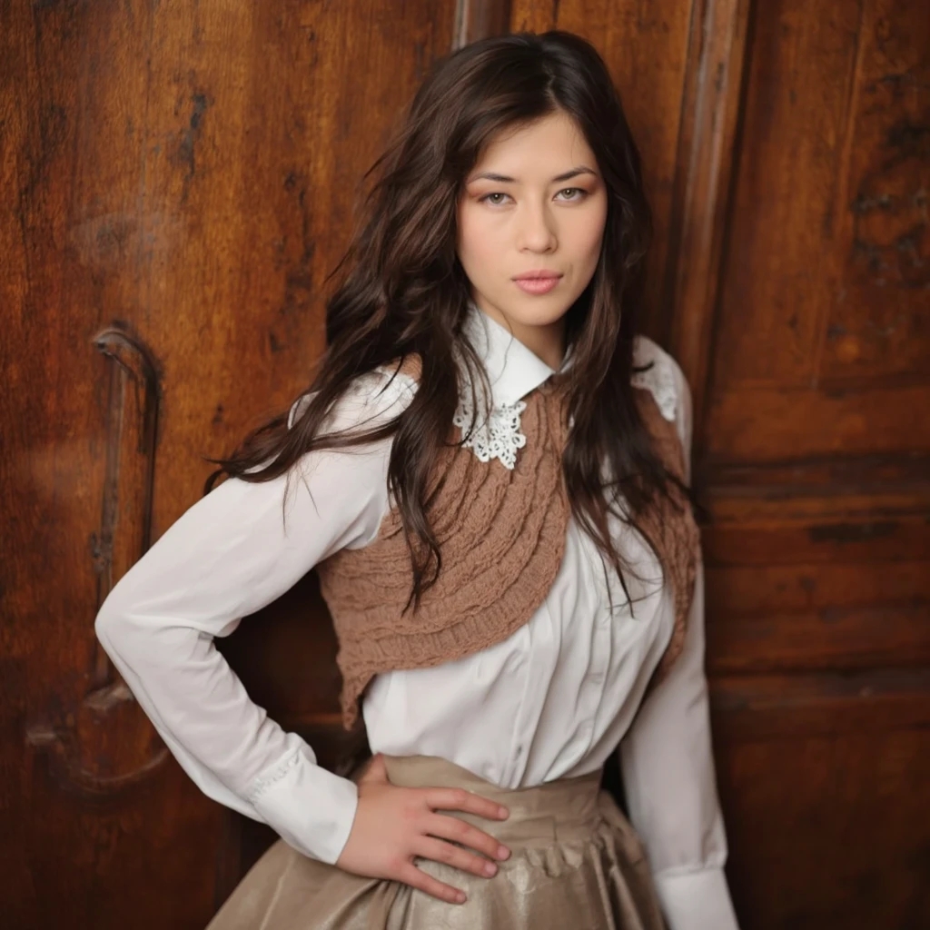 A portrait of mylene_jampanoi standing against a wooden backdrop. She wears a white blouse with a white lace collar and a brown knitted vest over a white shirt. Her long, wavy brown hair flows down her back. She stands confidently with her hands on her hips, appearing to be posing for the camera. The background features a rich, dark wood paneling. The image style is formal and sophisticated, emphasizing the woman's attire and demeanor.