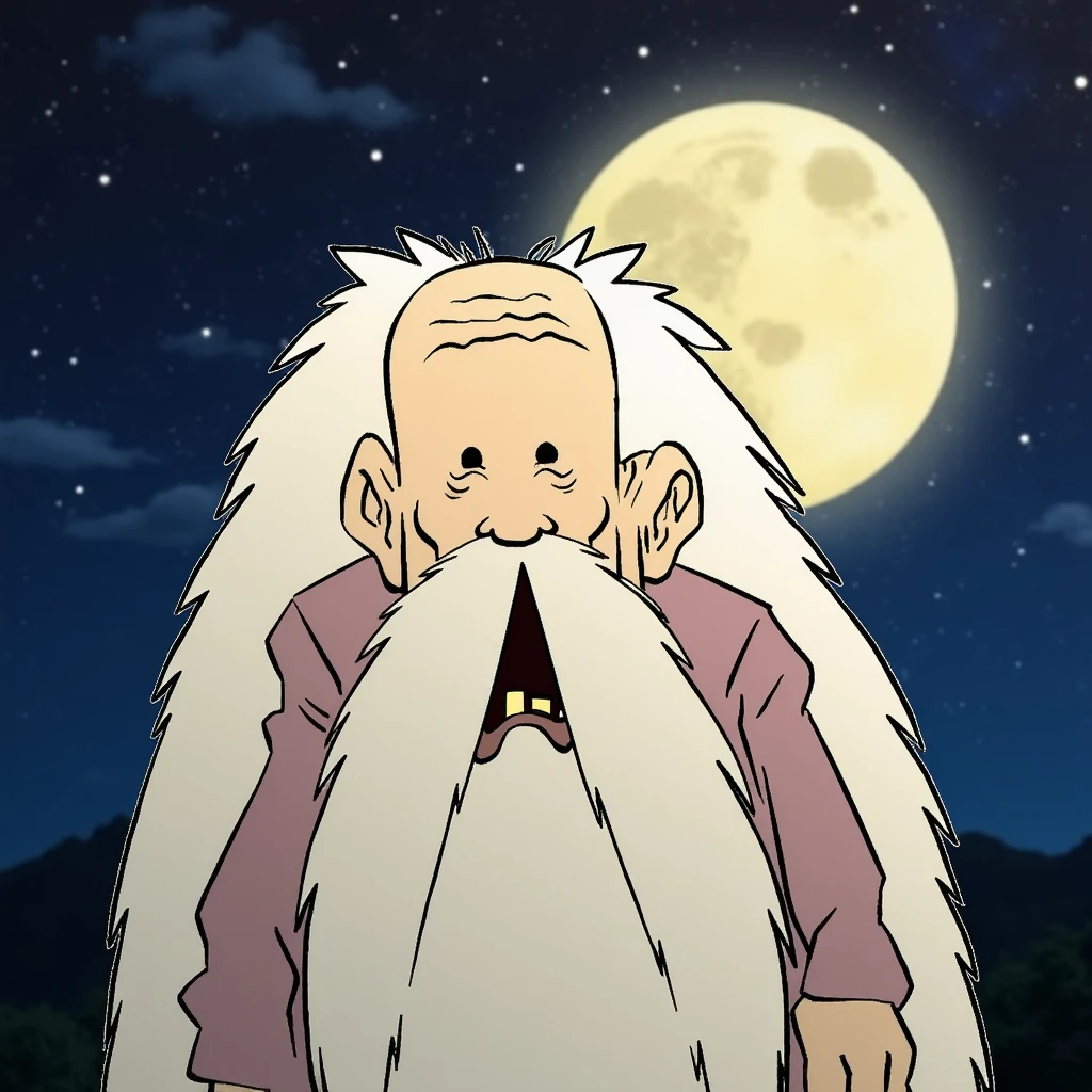 cartoon old man smiling on the moon, long beard, long hair, long moustache, cmabite