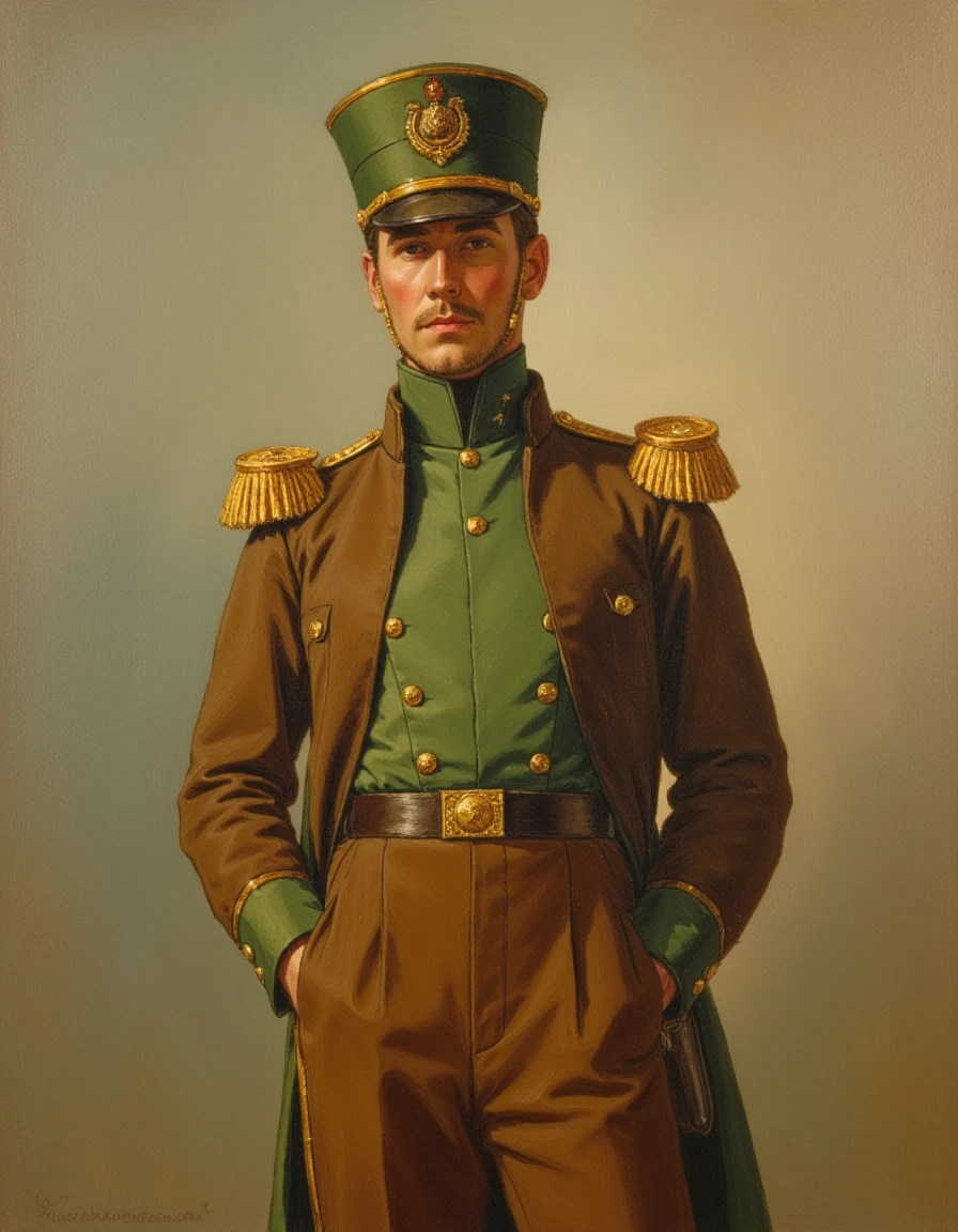 oil painting of a man wearing a military uniform,liegelight ,green shirt,brown jacket,brown pants,standing and facing viewer,shako cap,short brown hair,  <lora:Liege_Light_Infantry_Flux:1>