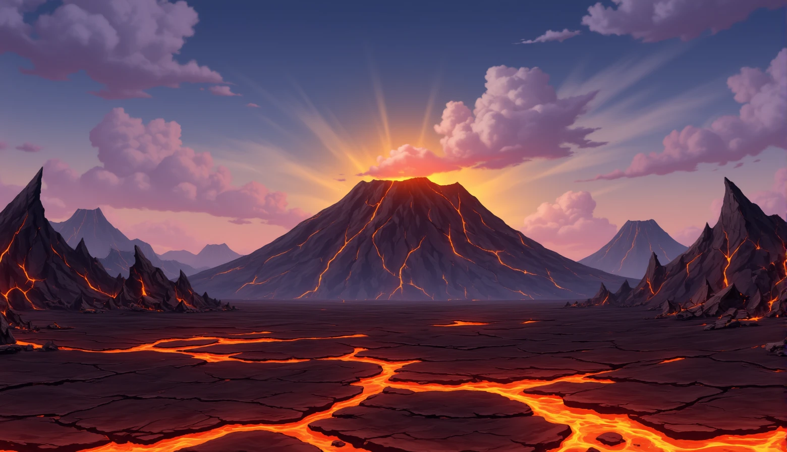 <lora:hengbangv1-000005:1>,dt,scenery,mountain,cloud,outdoors,sky,letterboxed,sunset,volcano,lava,rock,there are no objects on the ground,