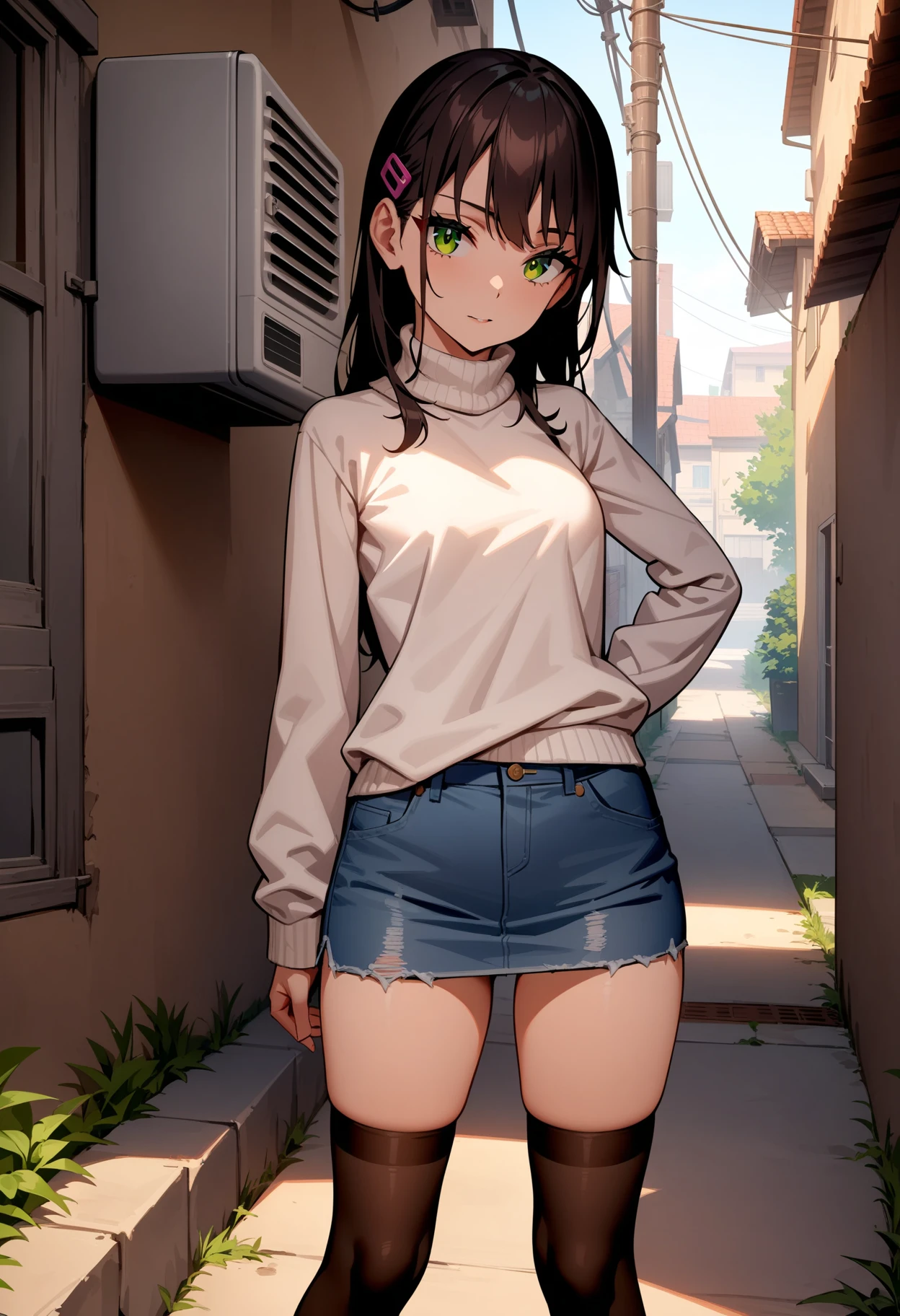 masterpiece,best quality,very aesthetic,absurdres,
1girl,
<lora:Shoujo_v1+2+3:1>,shoujo01,green eyes,long hair,hairclip,lwhite sweater,white turtleneck sweater,zettai ryouiki,denim_skirt,black_thighhighs,sneakers,<lora:Fixhands_anime_bdsqlsz_V1:1>,
looking at viewer,standing,cowboy shot,back alley,air conditioner,looking_at_viewer,posing,, masterpiece,best quality, very aesthetic, absurdres, ultra detailed, high resolution, 4k, extremely detailed CG,